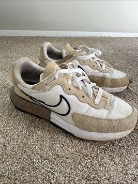 Nike women’s  Beige & White Suede Low-Top Sneakers with Black Swoosh - 7.5